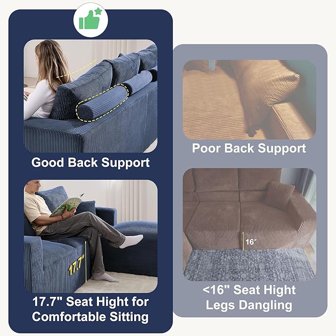 108" Modular Sectional Sofa, Compression Sofa with Deep Seat, Modular L-Shape Couch with Chaise, Upholstered Couches for Living Room Bedroom, No Assembly Required (Blue Corduroy, 108" L Shape)