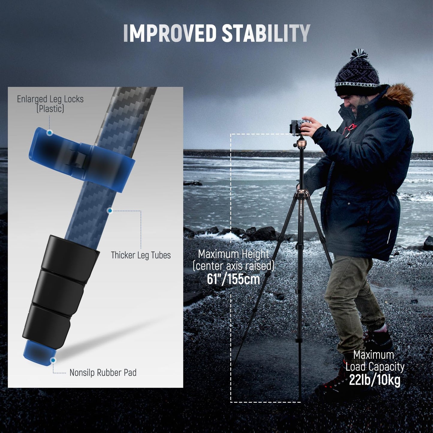 Neewer Litetrip Lt35 61  Travel Tripod Carbon Fiber W Pan Tilt Low Profile Ball Head, Arca Qr Plate Compatible With Peak Design