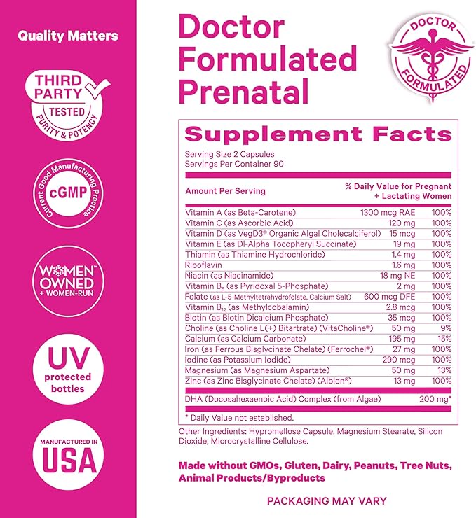 Pink Stork Total Prenatal Vitamins with DHA, Folate, and Iron, 3 Month Supply to Help Support Fetal Development, Pregnancy Must Haves - 180 Capsules