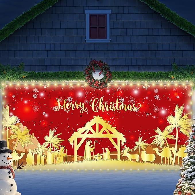 Christmas Garage Door Banner Decorations Red Jesus Christmas Garage Door Cover with LED Lights Large Holy Nativity Religio...