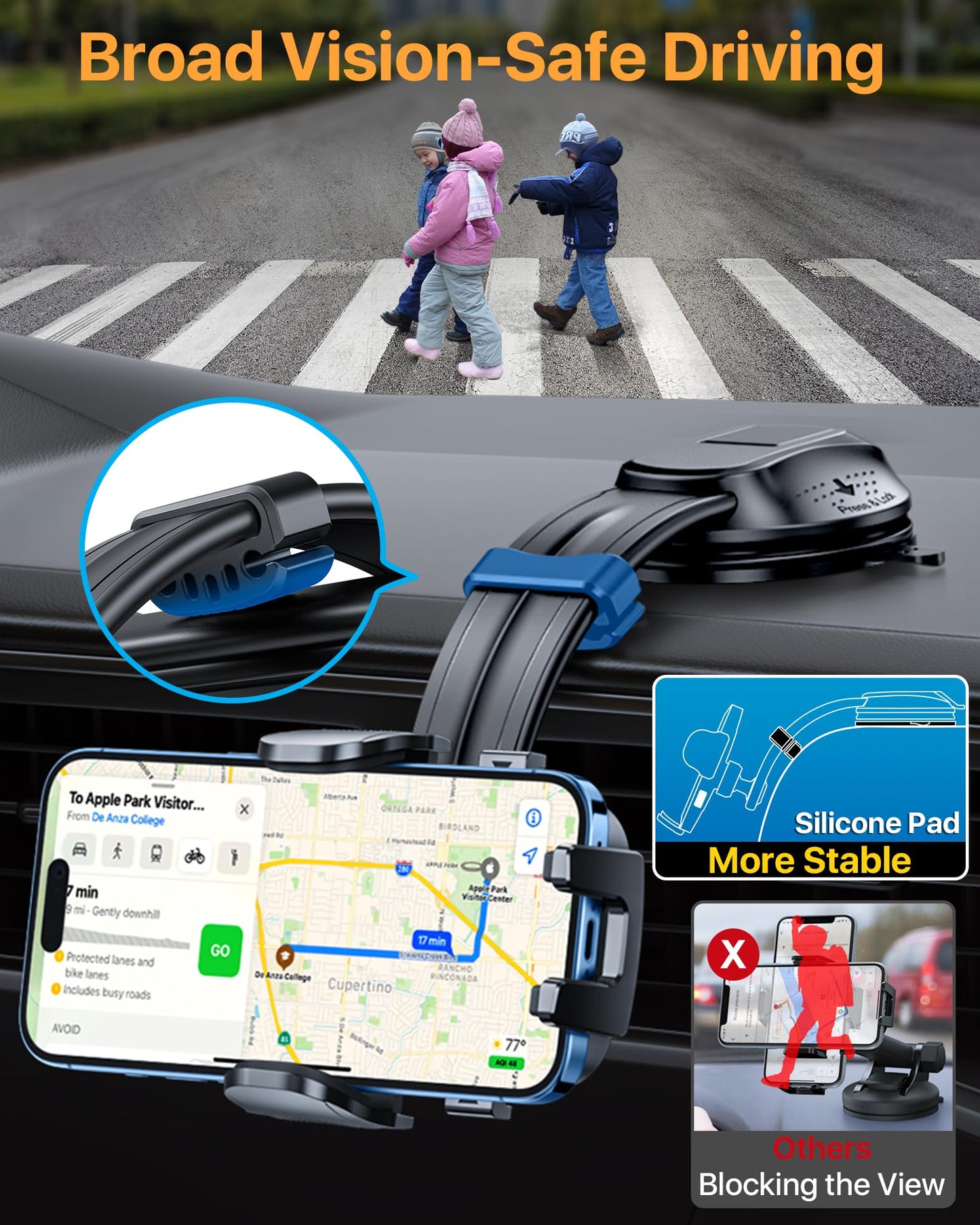 Htu Upgraded Strongest Suction Car Phone Holder Bendable Arm, Never Block View Rotatable Cellphone Mount For Dashboard Windshiel