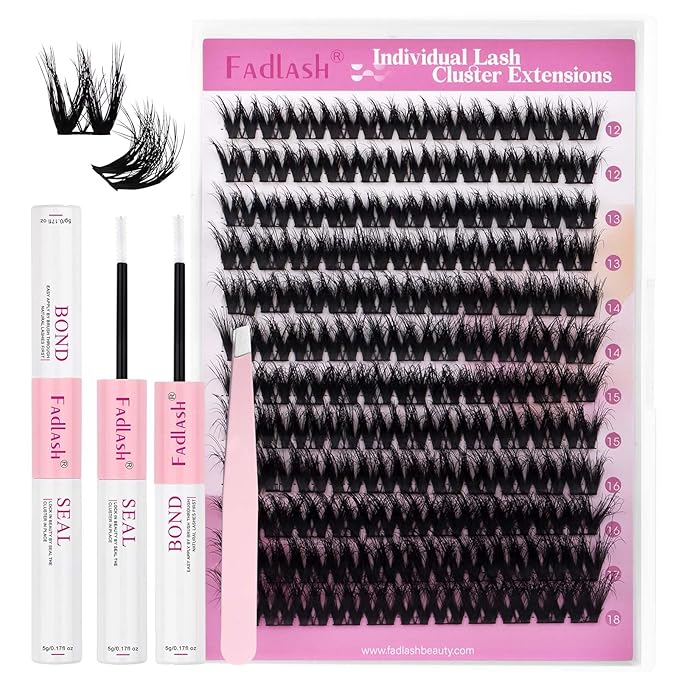 FADLASH Lash Extension Kit Lash Clusters Kit 12-18mm Cluster Lashes Eyelash Exctensions with Lash Bond and Seal and Lash Tweezers DIY at Home (L01 Kit)