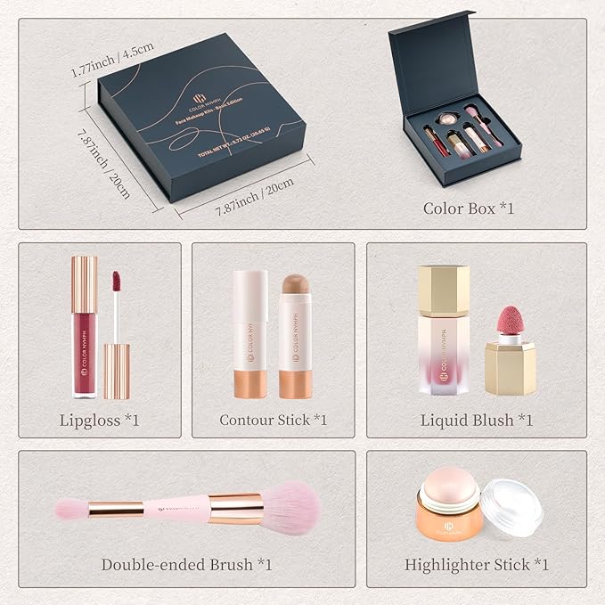 Color Nymph Face Makeup Kit, Make up Set For Teen Girls | Vegan & Cruelty Free | Includes Lipglosses Liquid Blush Highlighter Contour Stick & Brush | Makeup Gift Set Design - Basic Edition