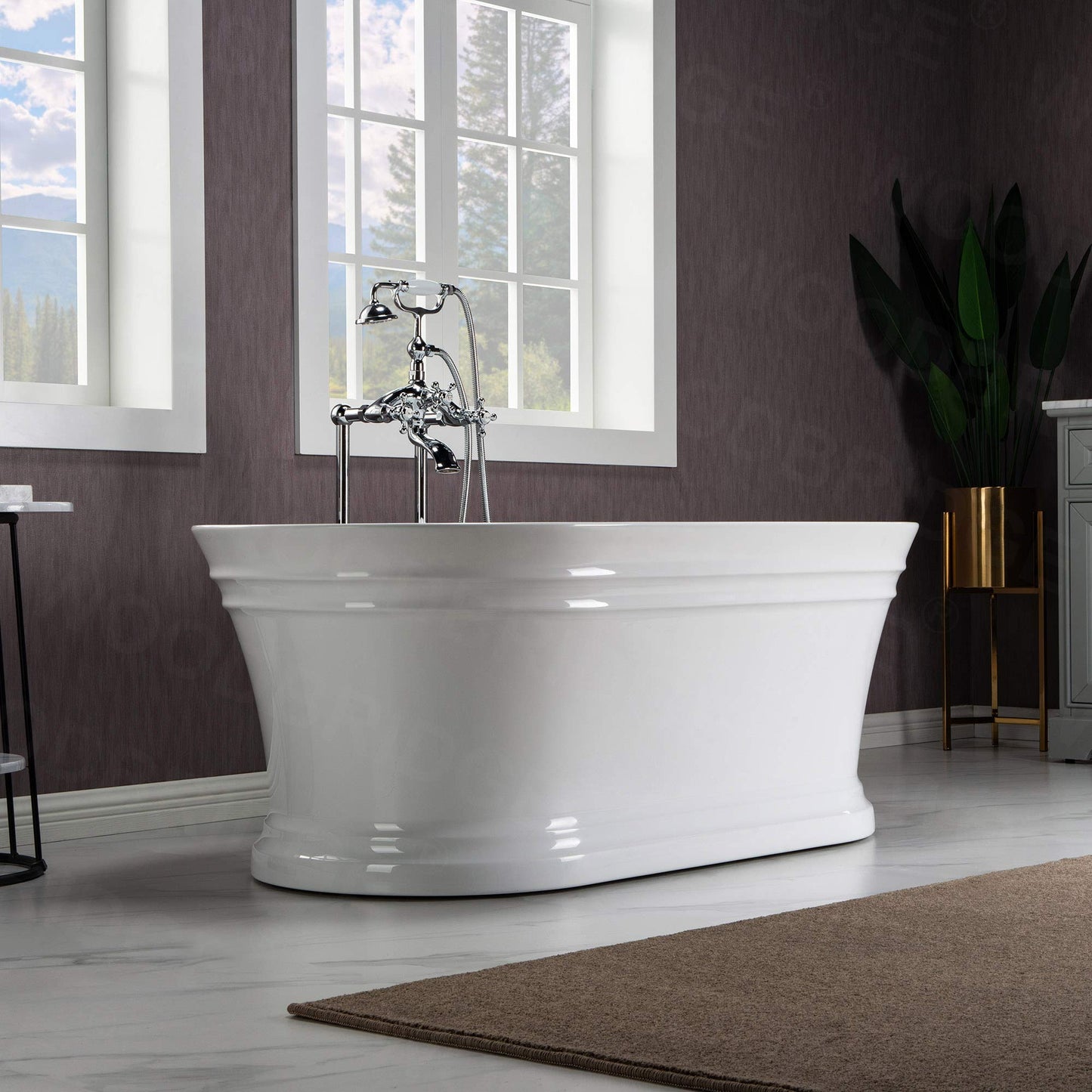 WOODBRIDGE 59"Freestanding White Acylic Soaking Bathtub with White Pillow,Drain and Overflow inChrome,BTA1536 -C-Drain &O+ Pillow