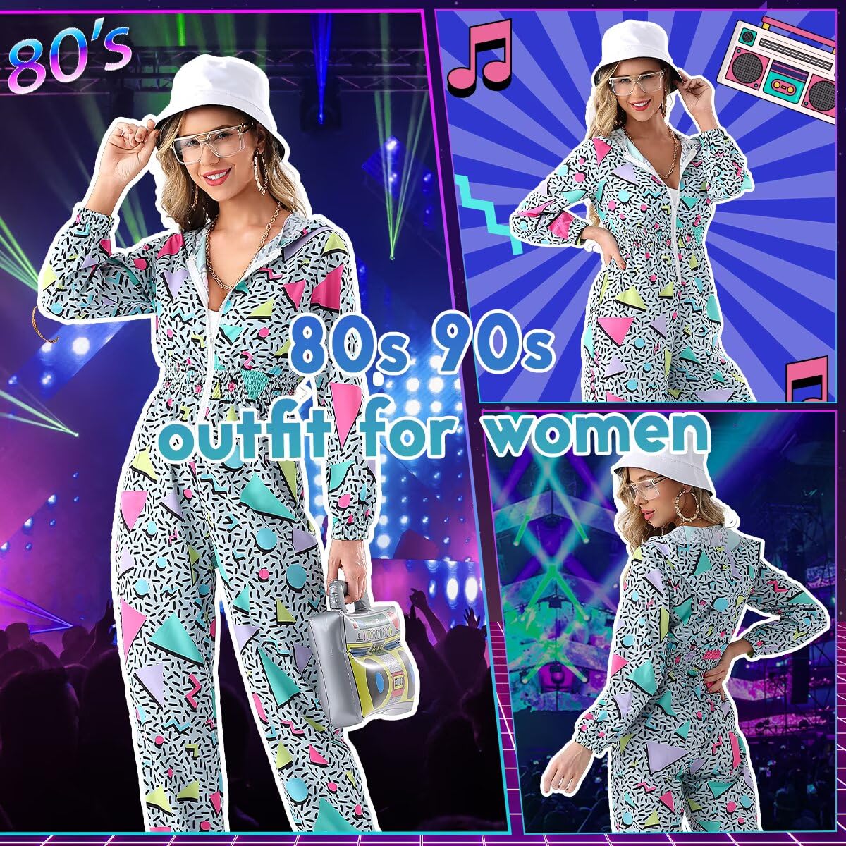 VillbeCoser Women Hoodies Jumpsuit Set, 80s 90s Neon Costume Tracksuit Outfit One Piece Windbreaker Jacket Rapper Suit(Green-A-S)