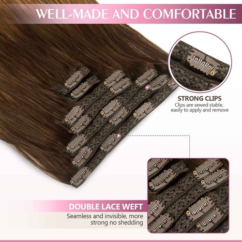 Fimislosion Real Hair Extensions Clip in Human Hair, Seamless Clip in Hair Extensions Real Human Hair, 16 Inch Clip ins extensions for women, Dark Brown to Chestnut Brown and Honey Blonde 120G 7Pcs