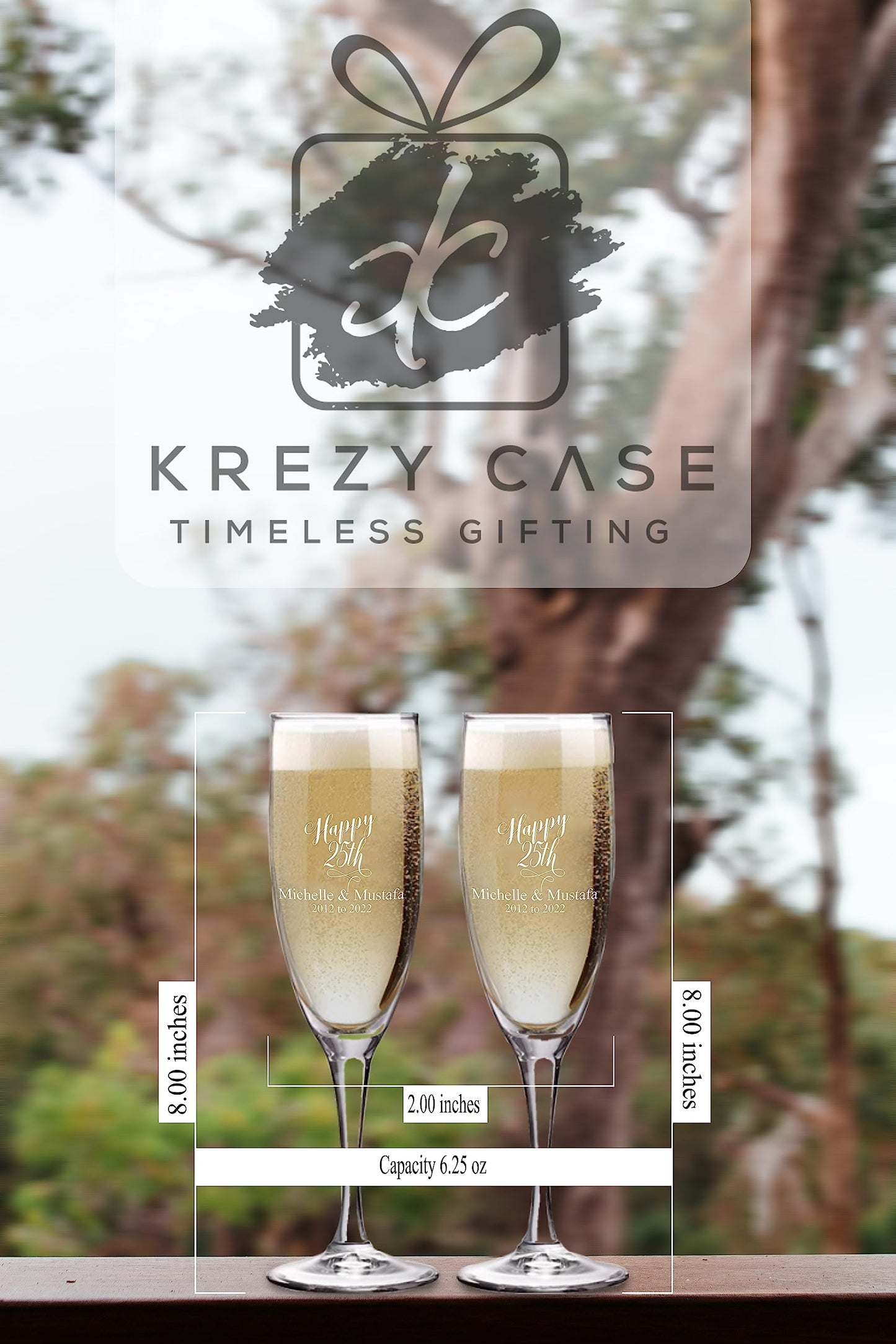 Krezy Case 25th Anniversary Couple Champagne glasses with Black box, Perfect Anniversary Flutes,Bridal shower Flutes, Wedding party, Bachelorette Party,Anniversary Flutes
