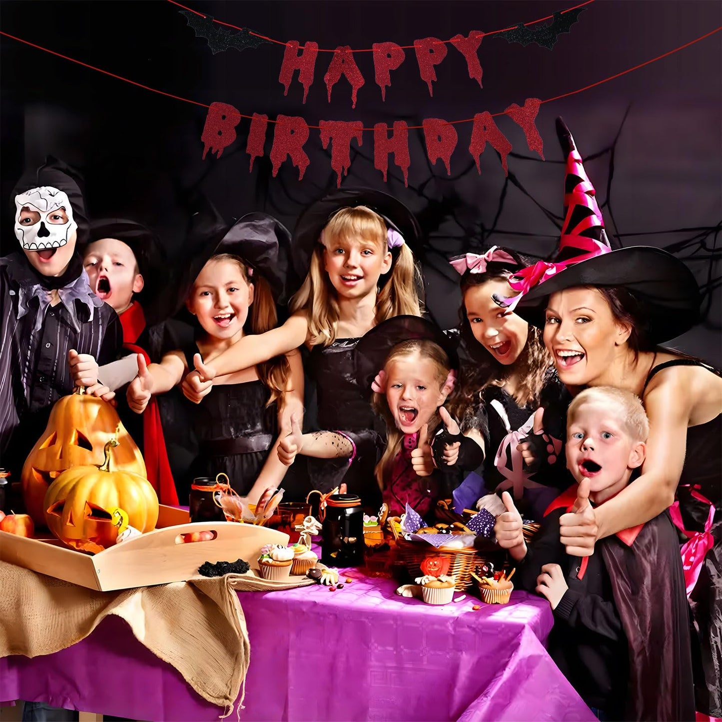 Red Glittery Happy Birthday Halloween Banner - Halloween Hanging Paper Garland Bunting Banner Bloody Bat Vampire Decorations, Photo Backdrop for Wall Home Mantle Office Wall Scary Party Supplies