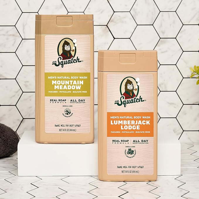 Dr. Squatch Natural Men's Body Wash Shower Gel - Cleansing, Nourishing, Long Lasting Scent, Moisturizing Body Wash for Men - Mountain Meadow + Lumberjack Lodge (14 oz, 2-Pack)