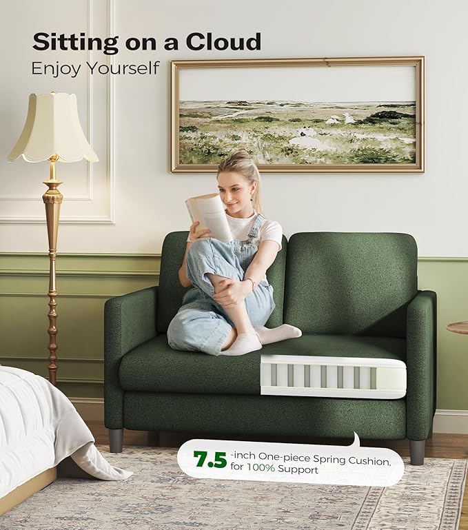 Welzona Loveseat Sofa, 51" Love Seat, Comfy Teddy Small Loveseat for Small Spaces, Tool-Free Setup Couch for Bedroom, All-Wood Couches for Living Room, No Pillow Included, Green