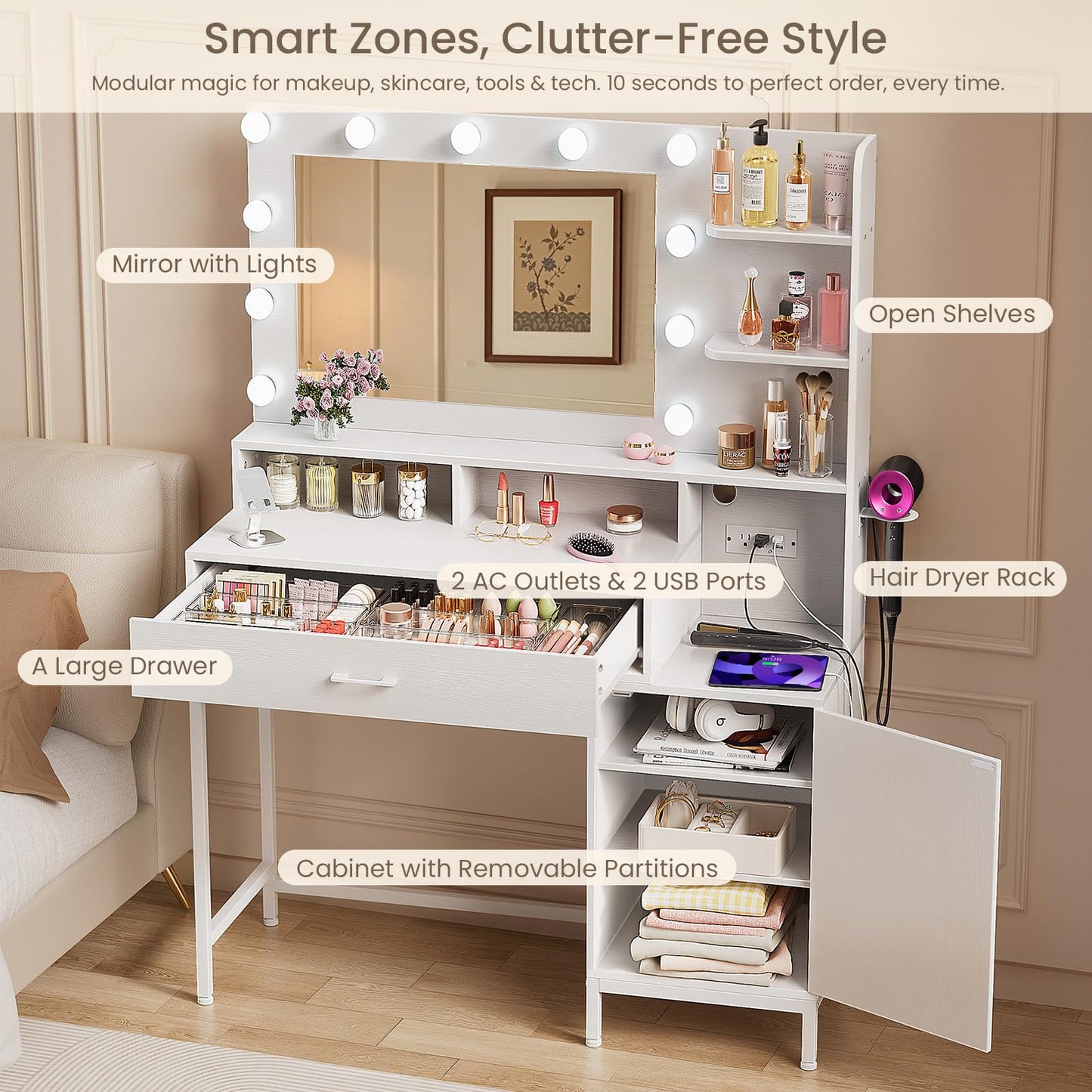 Driftalia Vanity Desk with Mirror and Lights, Makeup Vanity with Storage Drawer, Power Outlet and Large Cabinet for Bedroom - White
