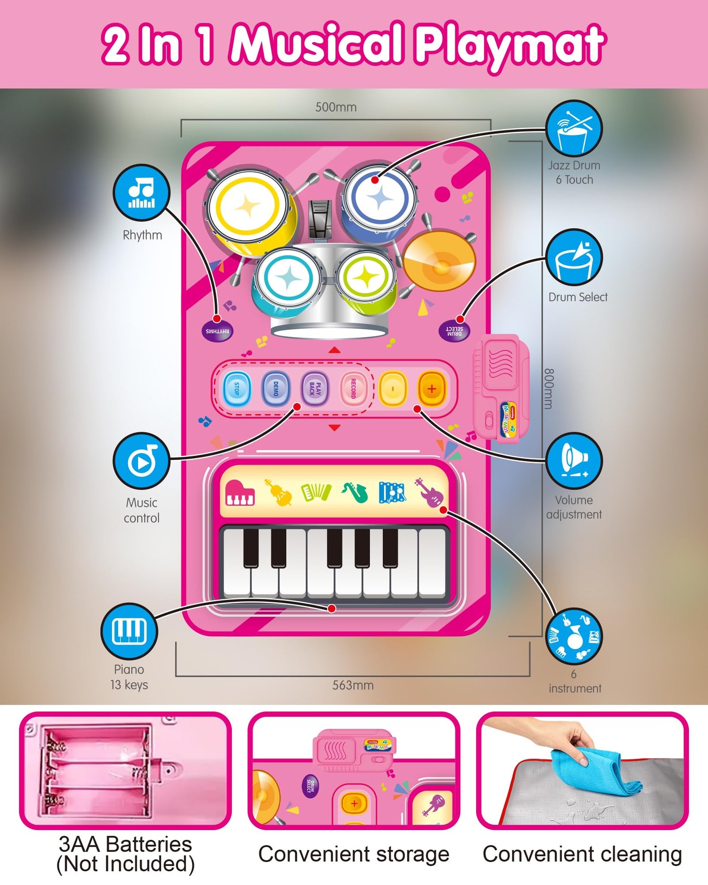 Toys for 1 Year Old Girl Gifts, Baby Musical Mat with Piano & Drum, Adjustable Volume, 12-18 Months Toddler Toys, Christmas Birthday Easter Gifts for 1-2 Year Olds Boys Girls (Pink)