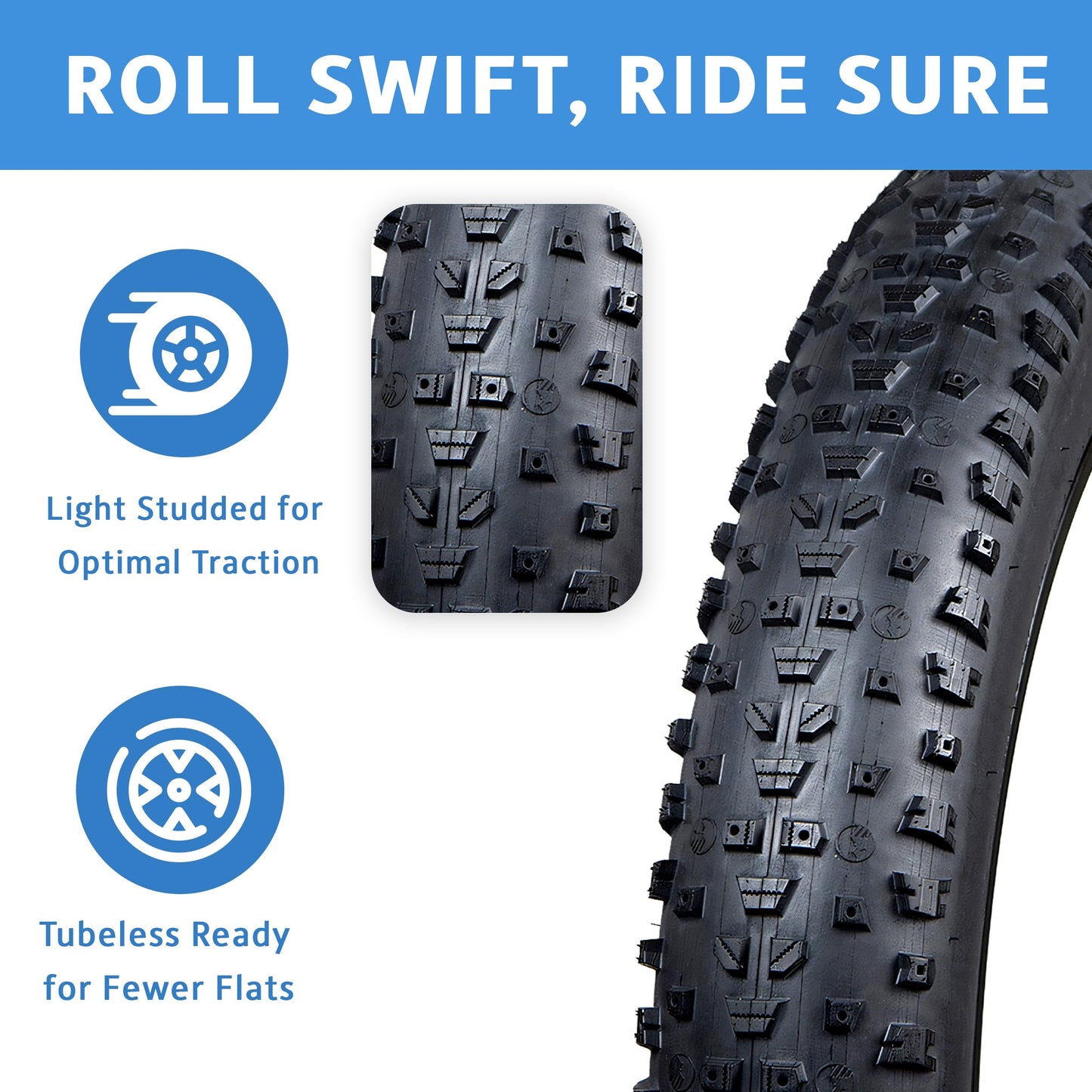Fat Bike Tire by Terrene - Cake Eater Light 26X4.0 Inch Tubeless, Stud Capable, Fast Rolling Fat Tire for Snow, Ice Traction - All Season Bike Accessories for Fat Tire and E-Bikes - 120 TPI