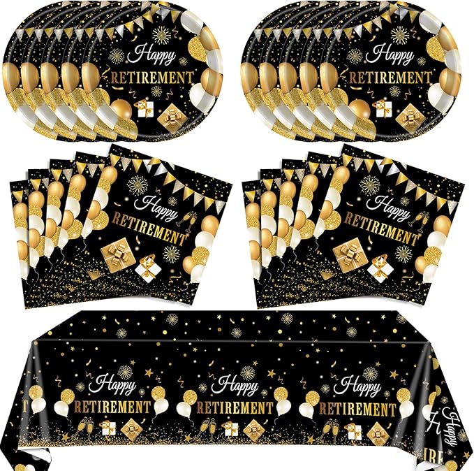 41PCS Retirement Decorations For Men Black and Gold Disposable Tablerware Decoration Favors Including Napkins Plates Table...