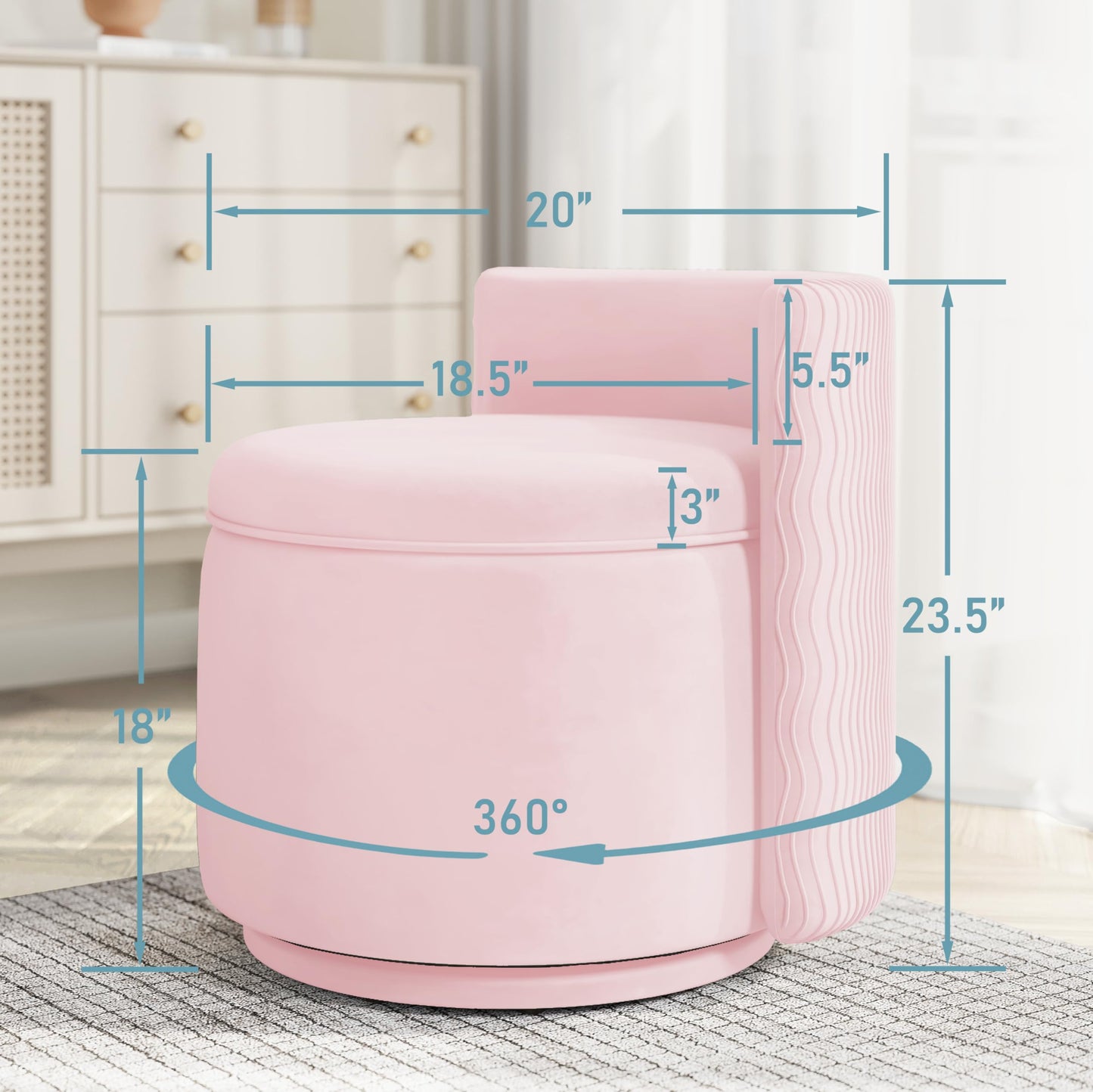 allamazing 360° Swivel Accent Chair with Storage, Vanity Stool with Back, Velvet Storage Ottoman, Upholstered Round Barrel Vanity Chair for Living Room, Makeup Room, Bedroom (Pink)