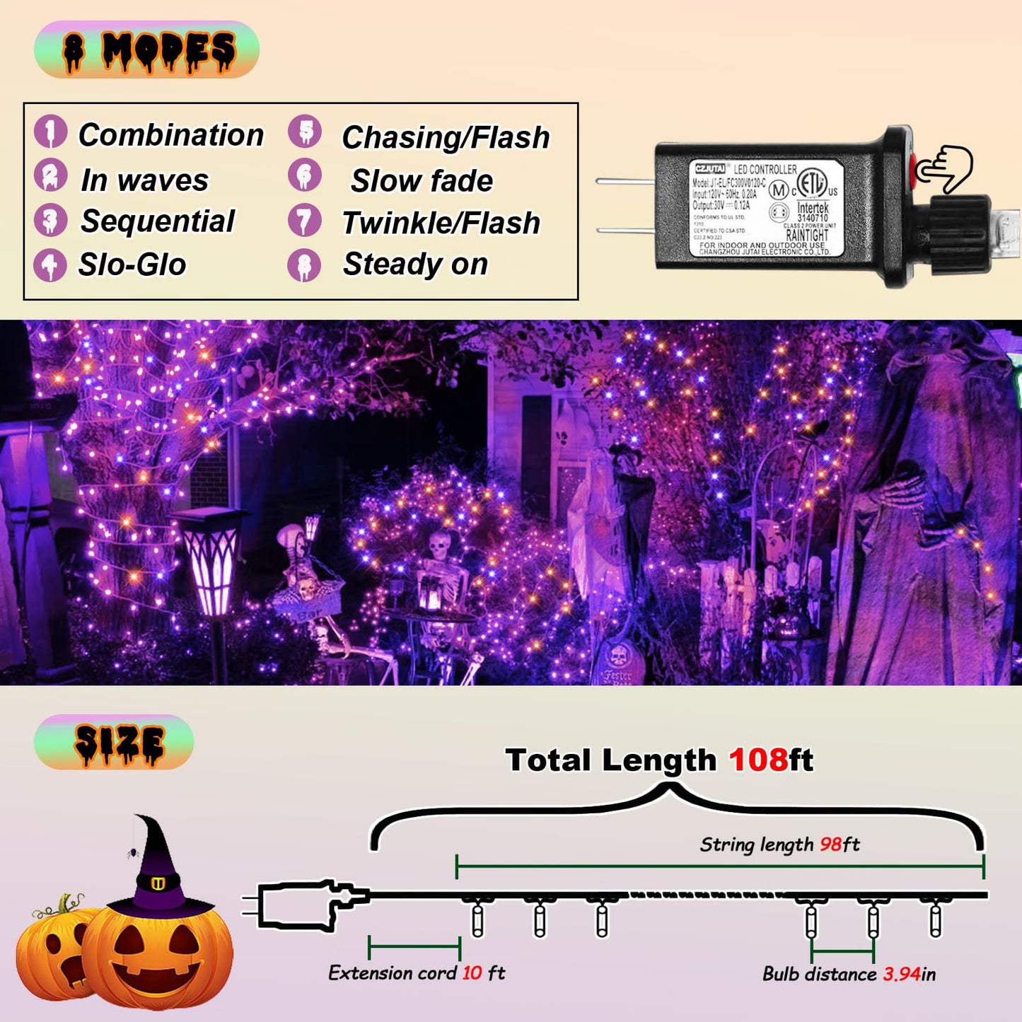 ILLUMINEW Halloween Decorations 300 LED String Lights Plug-in, 8 Modes 108ft Orange Purple Halloween Fairy Lights for Party Bedroom Indoor Outdoor Decor