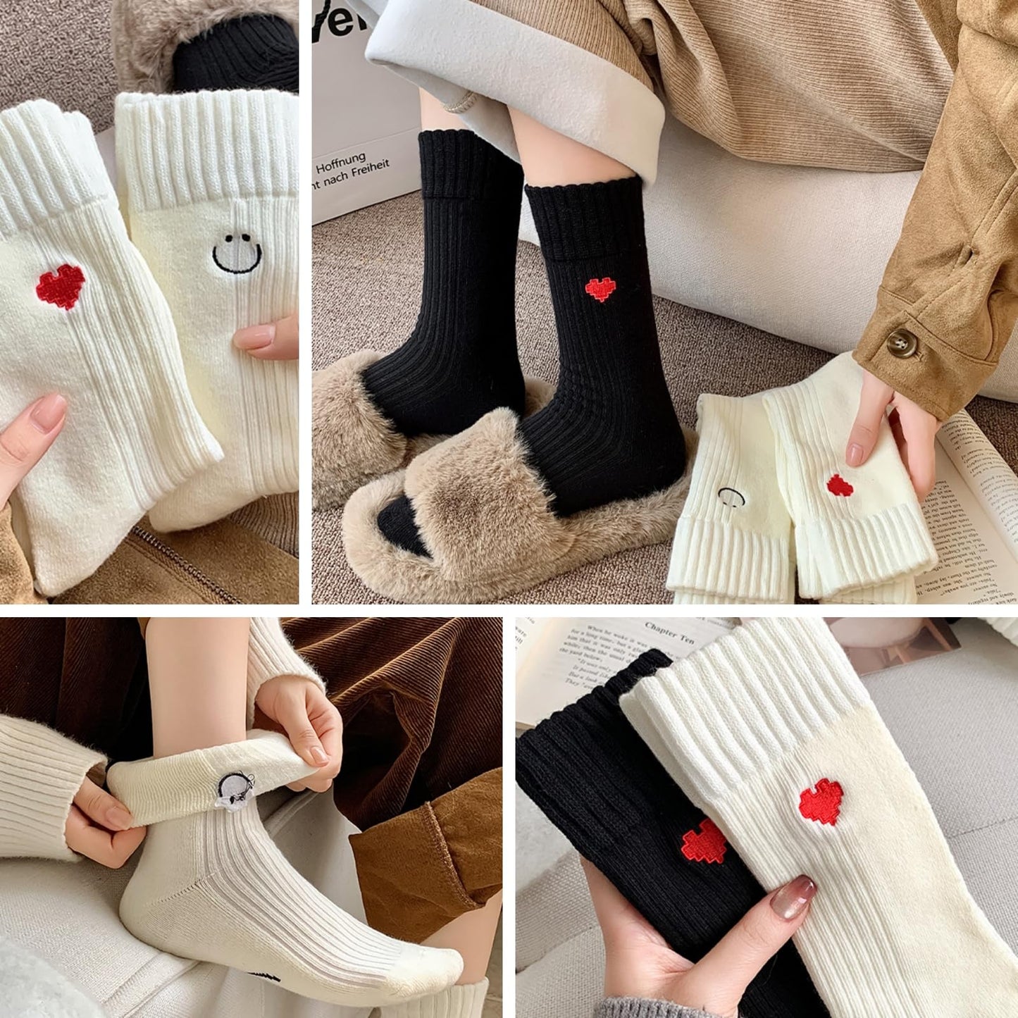 Heart Socks Women Fuzzy Socks Smiling Face Warm Cozy Soft Ankle Socks Fluffy Thick Winter Home Barefoot Crew Socks (4Pairs[White Heart+Black Heart+White Smiling Face+Black Smiling Face])