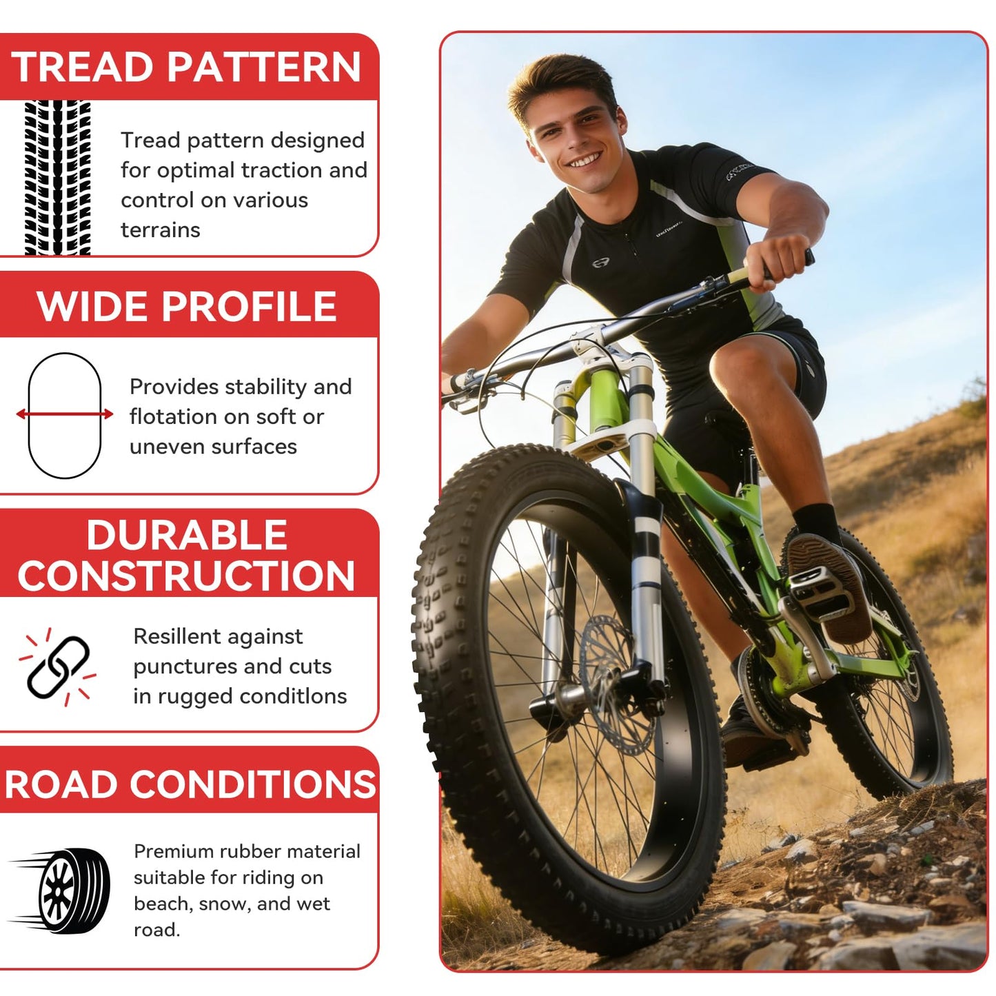 2-Pack 26×4.0 Fat Tire for E-Bikes & Fat Bikes, Puncture-Resistant All-Terrain Electric Bike Tire with Aggressive Knobby Tread for Snow, Sand, Mountain Trails & City Roads