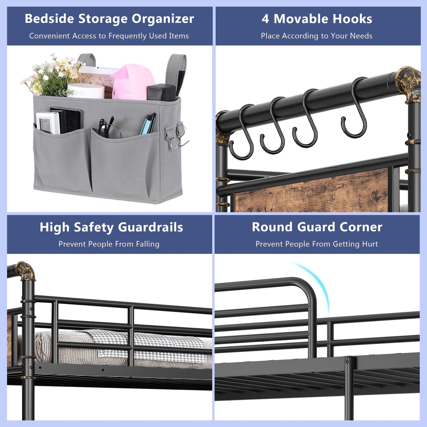 Bunk Bed Twin Over Full, Heavy Duty Metal Bunkbeds with Ladder and Full-Length Guardrail, Convertible into 2 Individual Beds for Kids, Teens and Adults, Under-Bed Storage Space, Vintage Brown