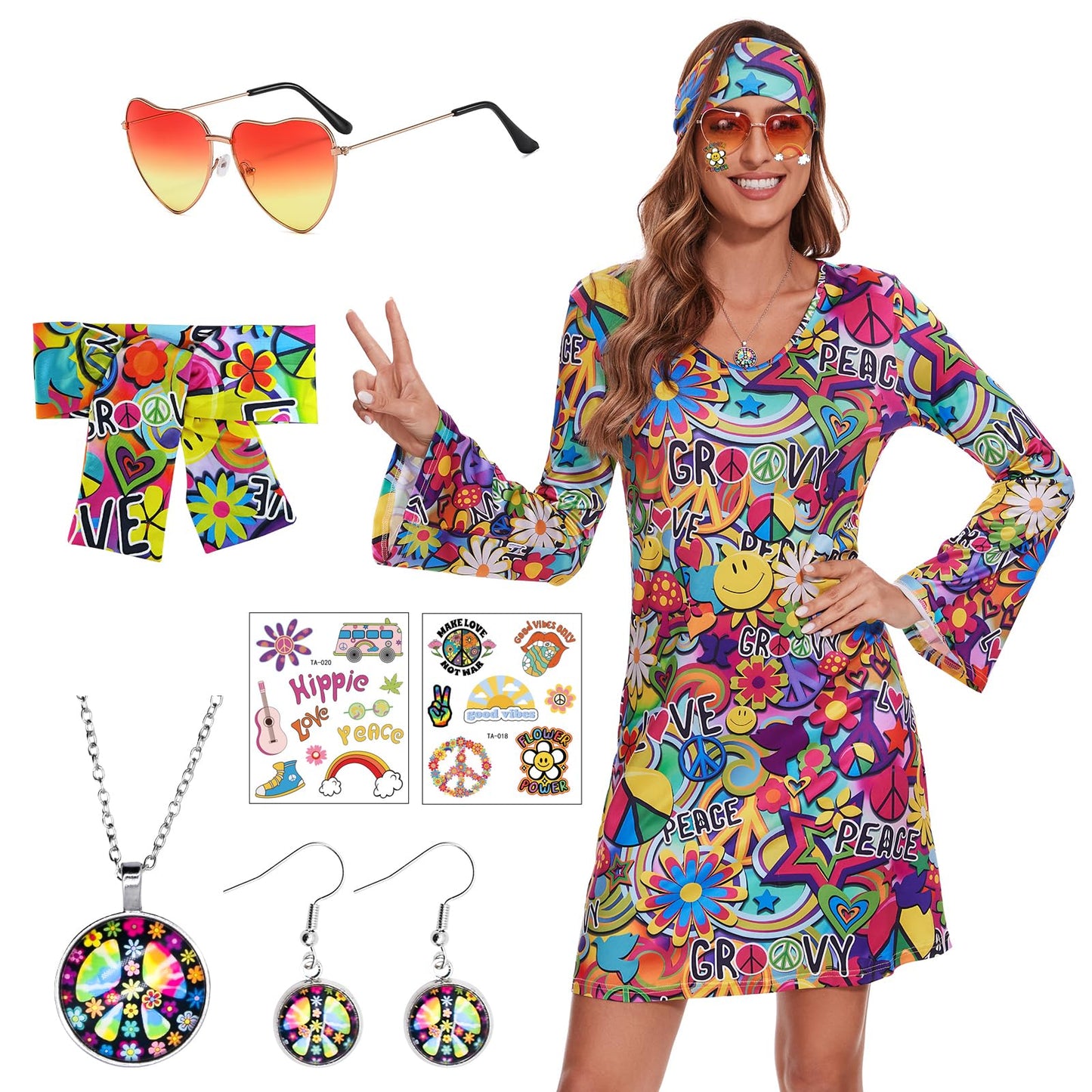 ATAMET 70's Women Costumes Hippie Dress, 1970s Outfits Accessories Set, 60s 70s Disco Prom Dress, Carnival Halloween Costumes (Bright Colors Peace Love, X-Large)