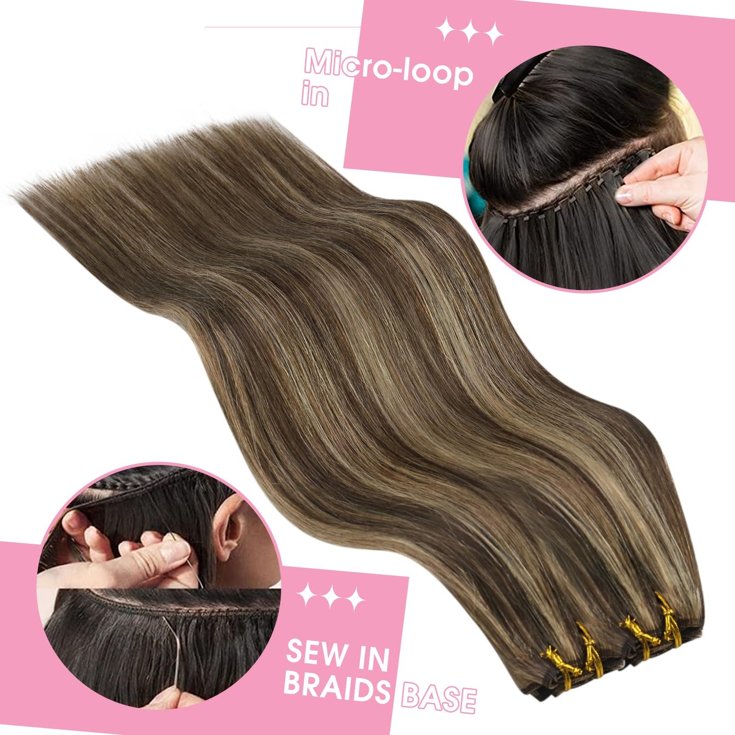 YoungSee Weft Human Hair Extensions Brown Highlight Sew in Hair Extensions Human Hair Dark Brown Mix Caramel Blonde Sew in Hair