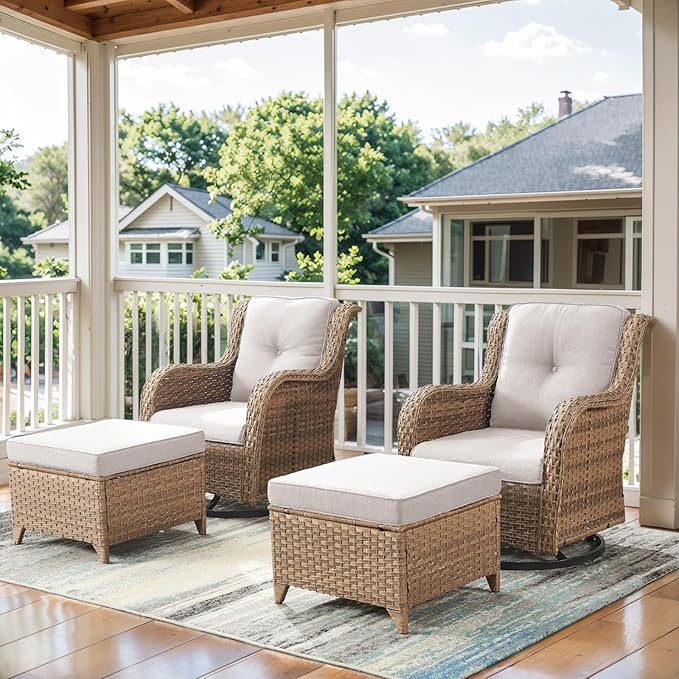 Belord 4 Pieces Patio Furniture Sets, Wicker Patio Swivel Glider Chair with Ottomans, Outdoor Furniture Set for Outside Porch, Deck, Balcony, Garden, Yellow