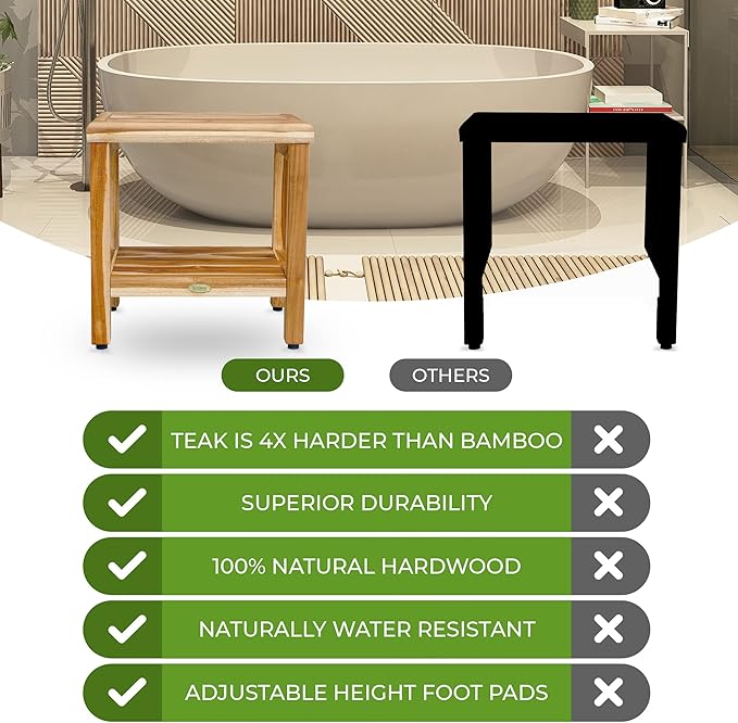 EcoDecors Eleganto 18 Inch Natural Color Waterproof Teak Wood Shower Bench Stool Seat Chair For Inside Shower Provides Safety, Storage, and Organization For Bathroom Accessories