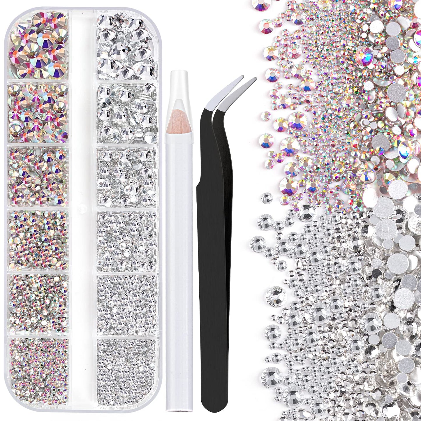 One Pack 2000 Pcs of Flatback Round AB Crystal+Transparent White Clear Rhinestones 6 Sizes (1.5-6 mm) with Nail Art Rhinestone P