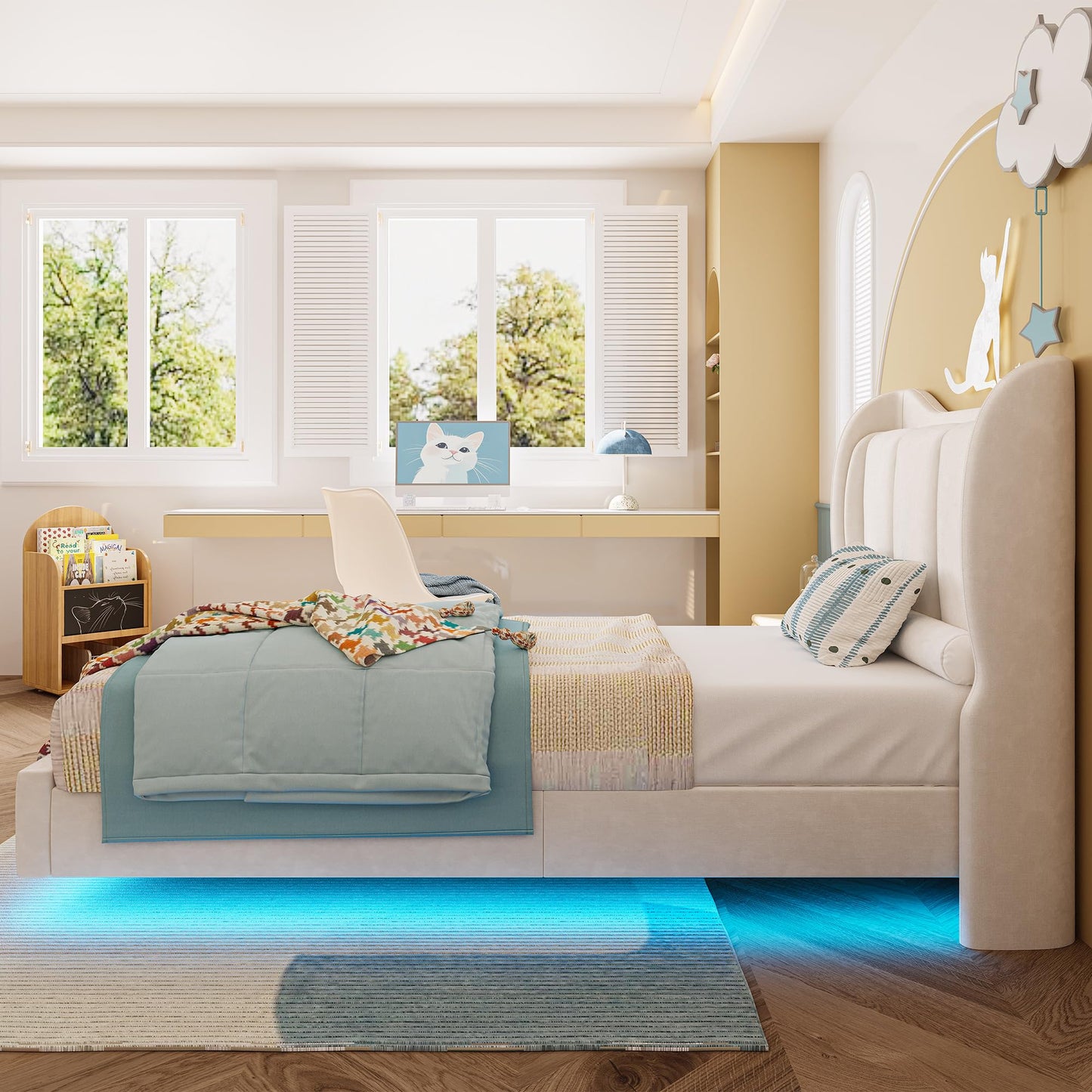 LIKIMIO Twin Bed Frame with LED Lights, Upholstered Floating Twin Platform Bed Frames with Cartoon Cat Ears Shaped Headboard, No Box Spring Needed, Cream Beds