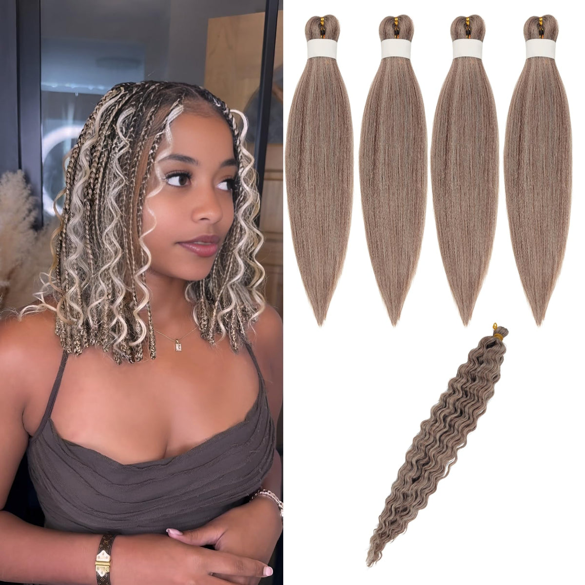 Ash Brown Bob Braiding Hair Pre stretched Curly Short Braiding Hair for Boho Braids Hypoallergenic Knotless Braids