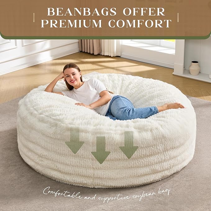 Hobestluk Bean Bag Chairs Beanbag Chair with Filler Adult Bean Bags with Fluffy Ripple Cover, Giant Bean Bag Chairs for Adults (White, 6FT - 70" x 70" x 15")