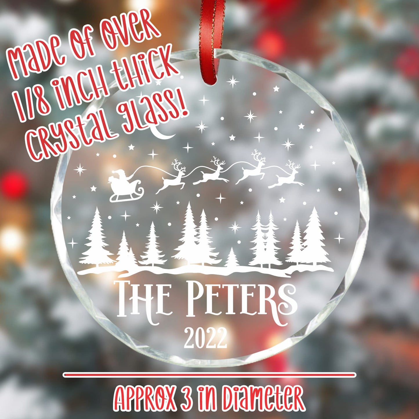 Blue Ridge Mountain Gifts Personalized Christmas Ornaments - Crystal Glass Christmas Decor with Holiday Design - Custom Laser Engraved Holiday Ornament Decoration for Home with Box Included