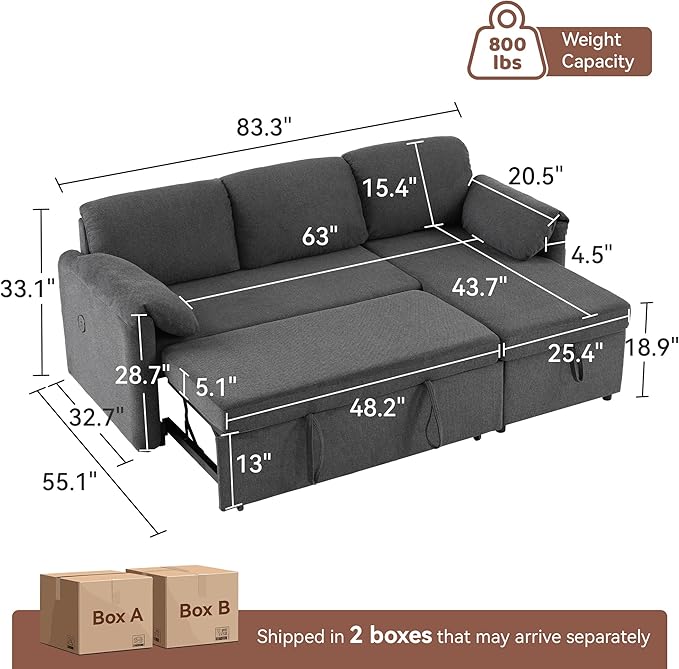 Tbfit 83'' Pull Out Sofa, 3 in 1 Sleeper Sofa Couch with USB & Storage Chaise, Comfy Sofa Bed with Pull Out Bed, Convertible Sleeper Sofas for Living Room, Small Spaces, Dark Gray