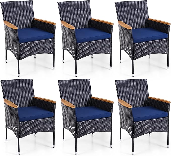 Sophia & William Rattan Patio Chairs Set of 6, 6 Pcs Wicker Outdoor Dining Chairs with Seat Cushions & Wood Armrest