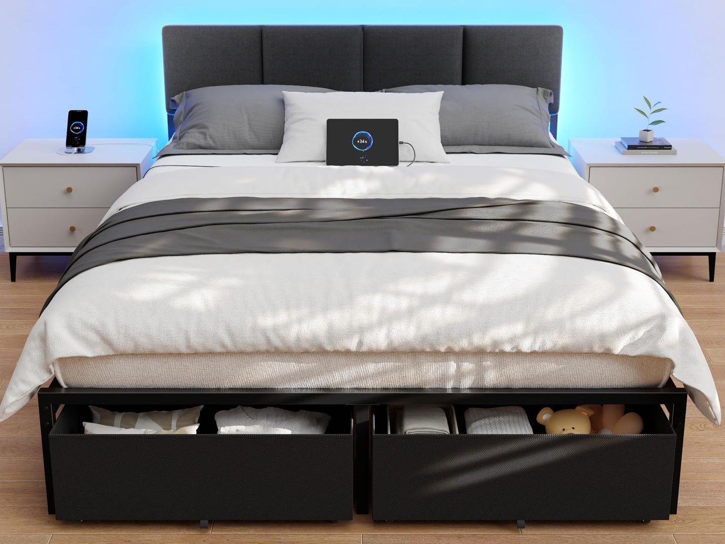 Furnulem Queen Bed Frame with Headboard,Platform Bed Frame Queen Size with 2 Storage Drawer, Upholstered Bedframe with Charger Station and LED Lights
