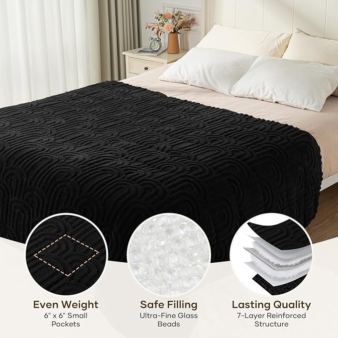 Cottonblue Weighted Blanket for Adults 15 lbs Twin Size, Cozy Fluffy Sherpa Fleece Jacquard Weighted Throw Blankets 48" x 72" for Sleep Relax, Fuzzy Warm Arch Heavy Blanket Soft for Bed Couch, Black