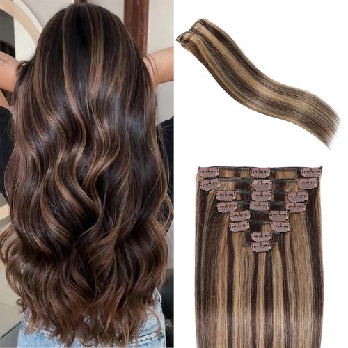 Clip in Hair Extensions Real Human Hair Clip in Extensions for Women Seamless Balayage Dark Brown to Chestnut Brown Straight Remy 100% Human Clips ins Extension 8pcs Double Weft 20 inch 3.7oz/105g