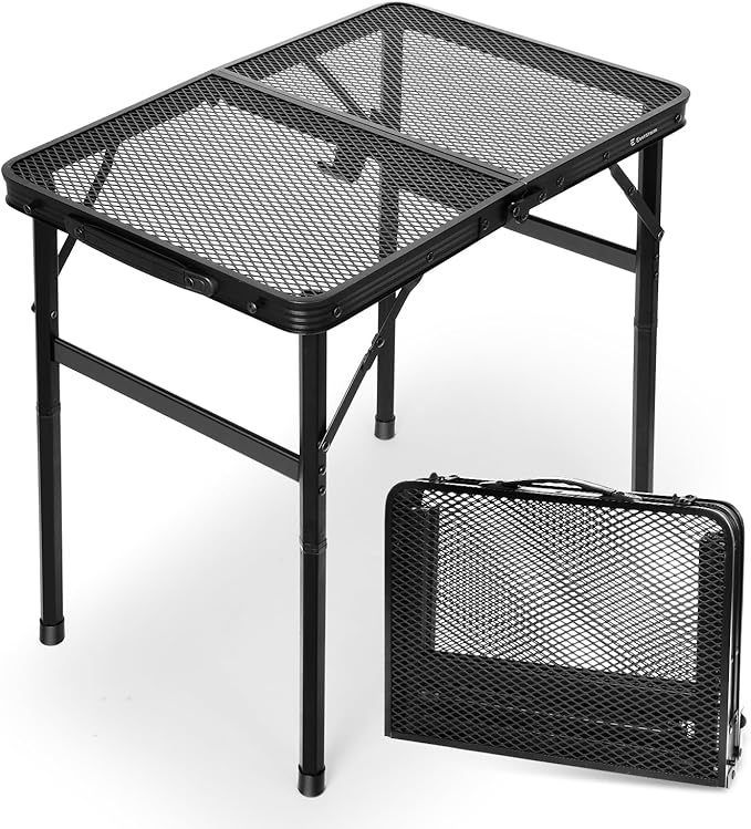 E EASTSTORM 2Ft Small Folding Table with Carry Handle, Adjustable Height 10.6–22 in, Black Metal Mesh, Portable & Compact ...