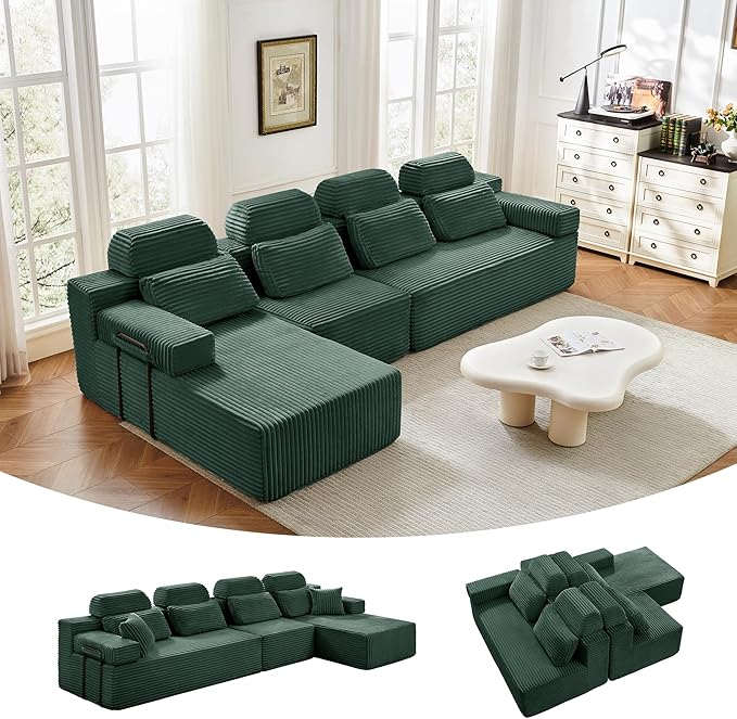 136" L-Shaped Cloud Modular Sectional Sofa with Chaise & Headrest, Boneless Deep Seat Plush Corduroy Couches for Large Living Room, No Assembly Required (Green, 136" L-shapred Chaise)