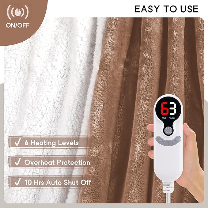 Heated Blanket Electric Throw Size 50''x60'' with 9 Heating Levels, 3 Hour Auto Shut Off, Machine Washable, Flannel & Sherpa Double-Sided Soft Warming Blanket for Couch, Bed, Office - Brown