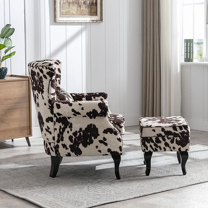 DM Furniture Mid Century Accent Chair with Ottoman Modern Button Tufted Armchair Wingback Club Chair Velvet Single Sofa Lounge Chair with Pillow for Living Room Bedroom, Cowhide Print