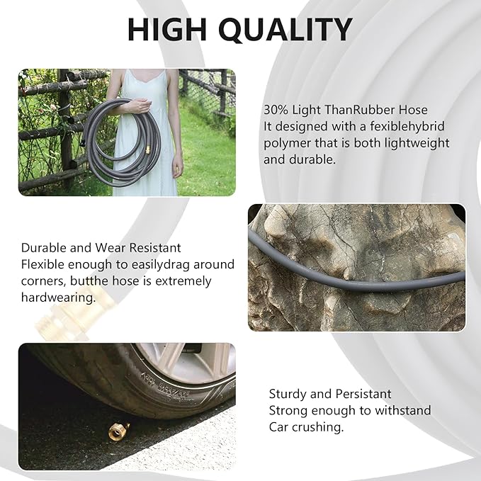 Garden Hose 5/8" x 5ft Brass Rubber Heavy Duty Water Hose 600 PSI Burst Pressure, Durable Flexible Hose for Yard, Car Wash, Pets Gray