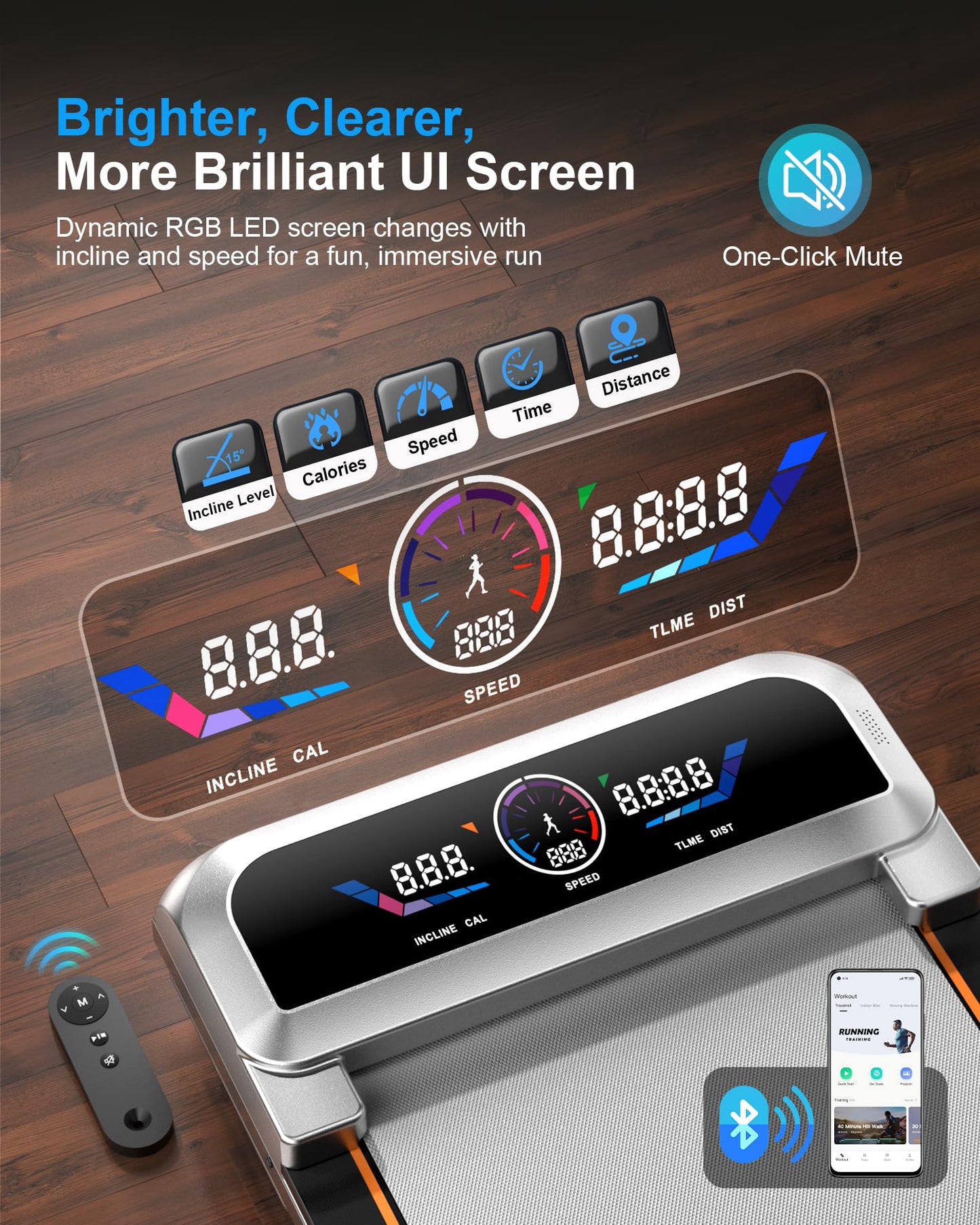 Walking Pad with 15% 12-Level Auto Incline & Handle Bar, 450 lbs Capacity UI Screen, Trisomy 3.5HP Quiet Under Desk Treadmill, Speaker, APP & Remote Control, Treadmills for Home Hiking