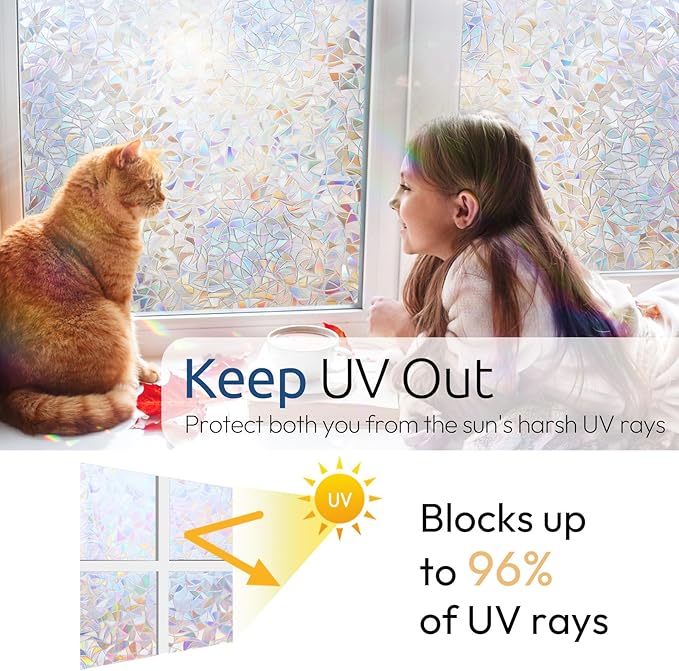 rabbitgoo Window Privacy Film Rainbow Film Decorative Window Sticker, 3D Static Stained Glass Cling Tint for Home Heat Control Non-Adhesive, 29.5 x 157.4 inches