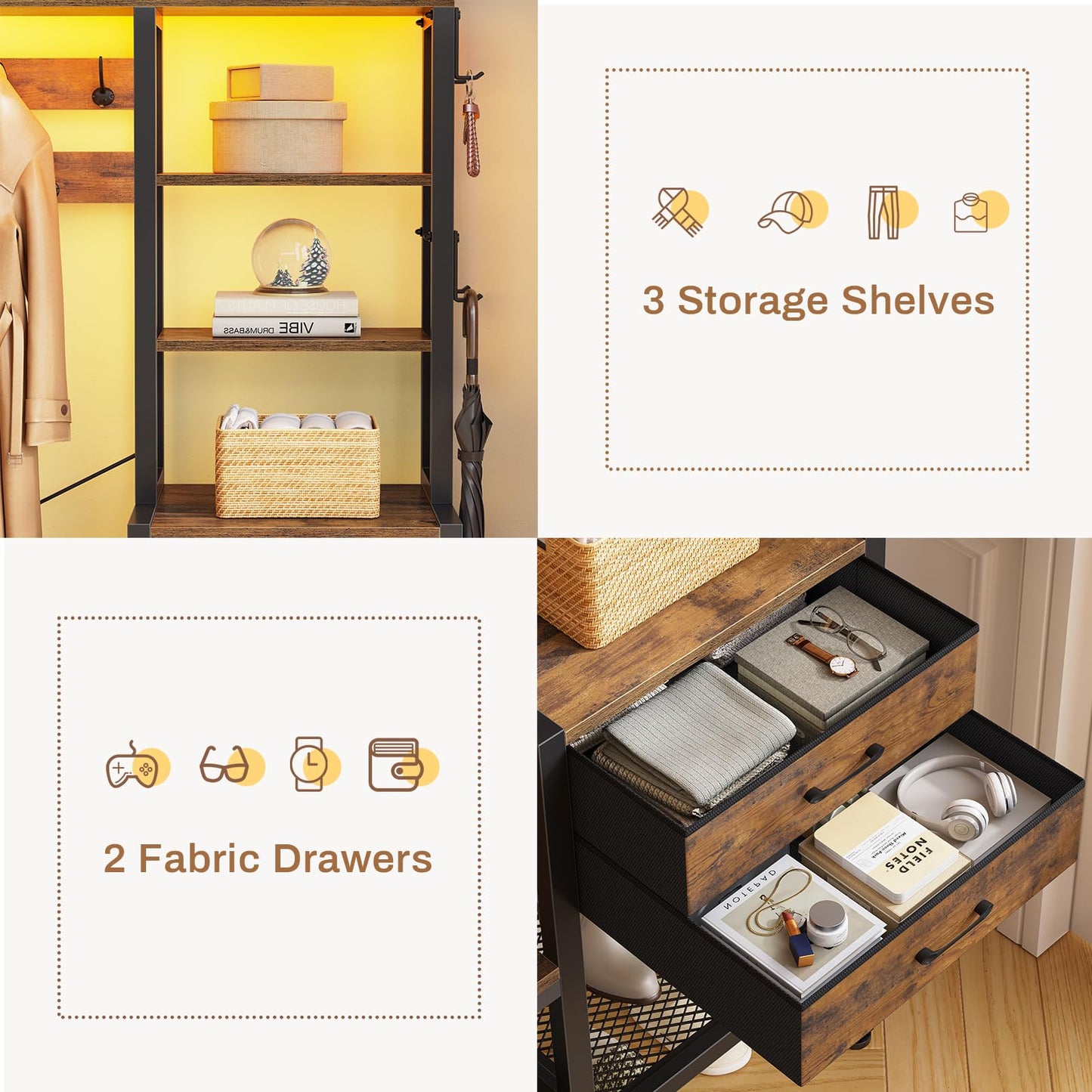 Itaar Hall Tree with Bench and Shoe Storage, 7-in-1 Entryway Bench with Coat Rack, 3 Storage Cubbies, 3 Storage Shelves, 17 Coat Hooks, 2 Fabric Drawers (Rustic Brown)