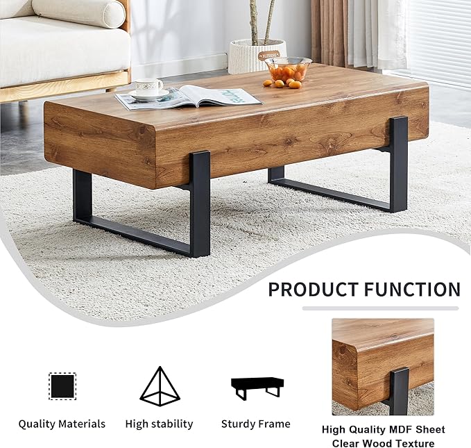 LKTART 47.24'' Modern Rectangle Coffee Table Black Metal Legs for Living Room Dining Room Bedroom Office