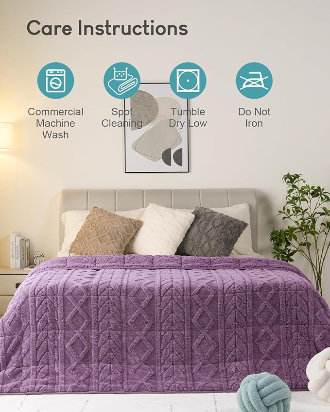 Cottonblue Jacquard Weighted Blanket 15lbs for Adults Twin Full Size, Soft Fuzzy Sherpa Fleece Weighted Throw Blankets 48x72 in for Relax and Sleep, Cozy Heavy Bed Blankets with Cemaric Beads, Purple
