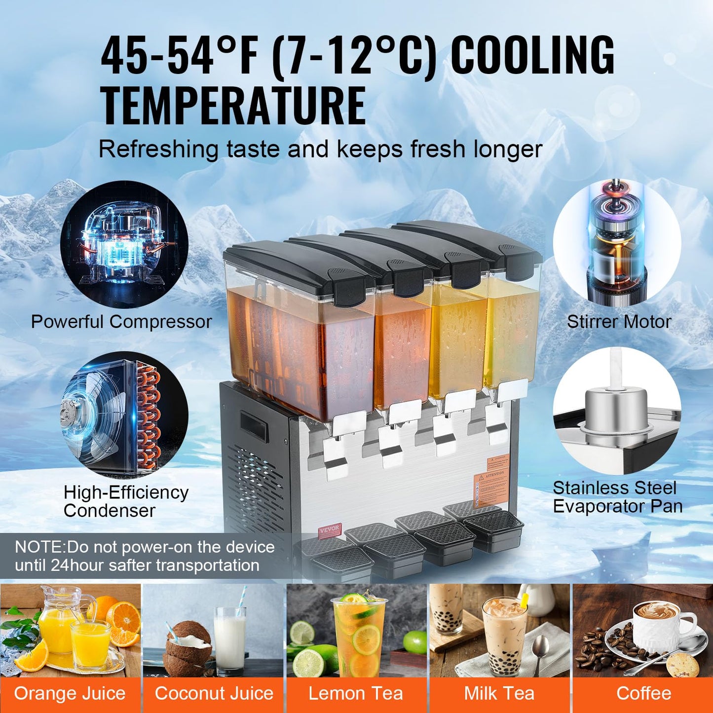 VEVOR Commercial Beverage Dispenser, 4 Tanks 10 L / 10.6 QT Per Tank Juice Dispenser, 430W Stainless Steel Ice Tea Drink Machine with 45°F-54°F Cooling Temperature, for Cold Drink Restaurant Bar Party