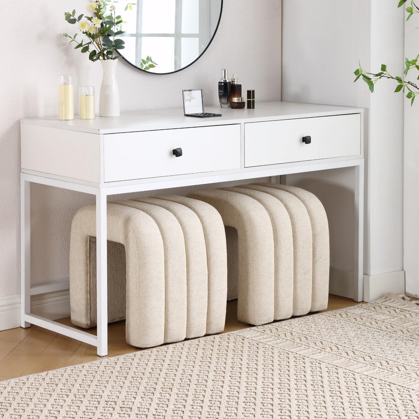 Scingu Multi-Functional Ottoman Stool, Footrest for Couch, Modern Vanity Stool for Make-up Room, Living Room and Entryway, Small Cute Footstool (Beige Linen)