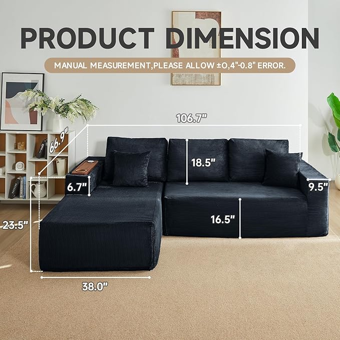 Modular Sectional Sofa Cloud Couch with Multi-Functional Armrests, Boneless Plush L-Shape Living Room Couch with Deep Seat, Fluffy Comfy Sleeper Sofa Easy Assembly (Black, Right Chaise)